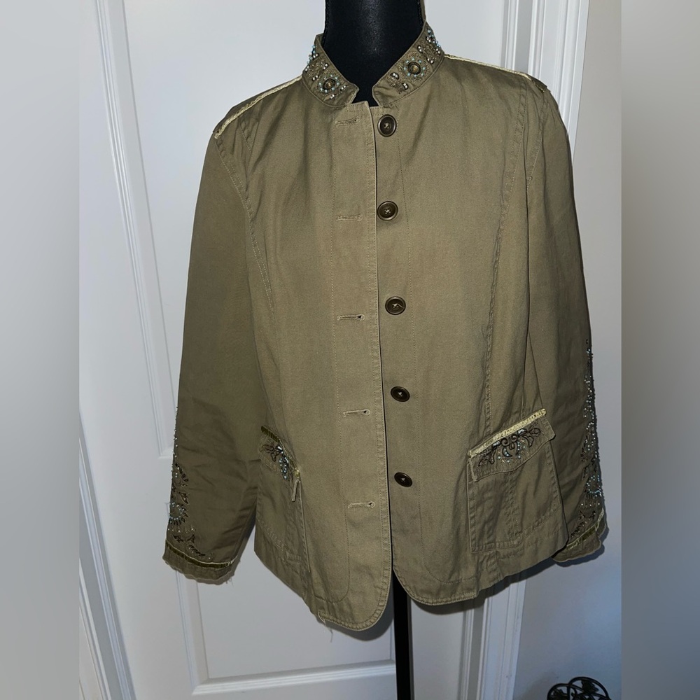 Motto Embellished Utility Jacket Olive Green Beaded Boho Military Jacket Size M